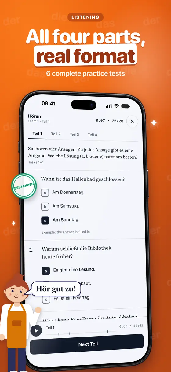 A DTZ Hören paper on iPhone: Teil tabs, a timer, questions and the recording player.
