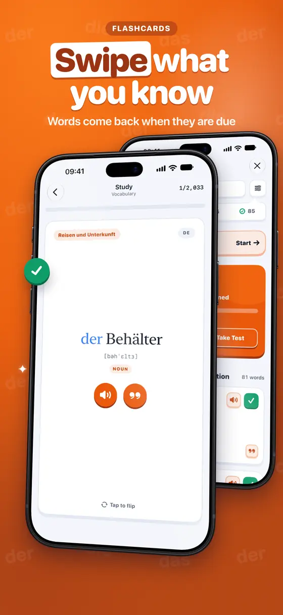 A DTZ word card: der Behälter with its pronunciation and a recording, ready to flip.