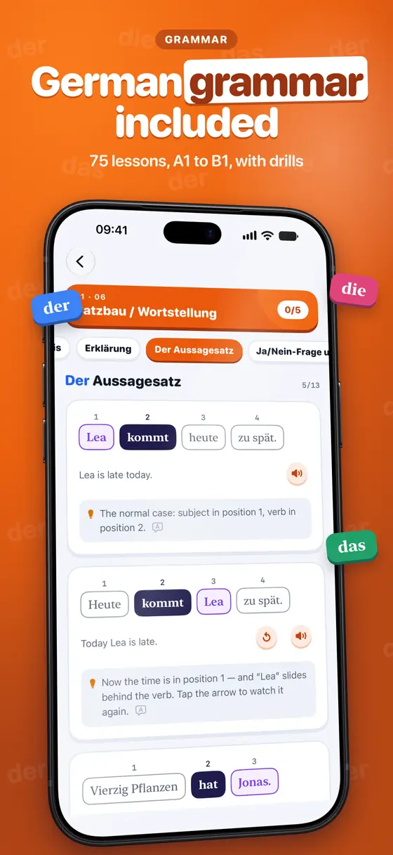 A German grammar lesson on sentence structure with word-order exercises.