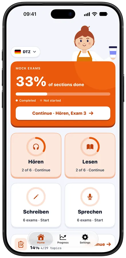 The Lingotivo DTZ home screen on iPhone: practice test progress and the Hören, Lesen, Schreiben and Sprechen tiles.