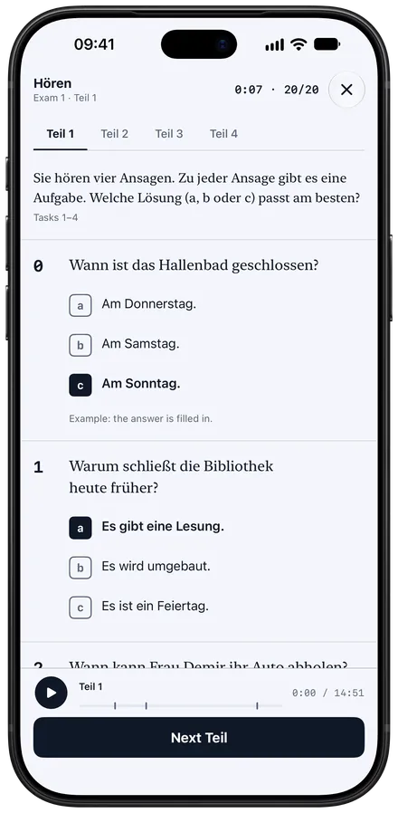 A DTZ Hören paper on iPhone: four Teil tabs, multiple-choice questions and the recording player.