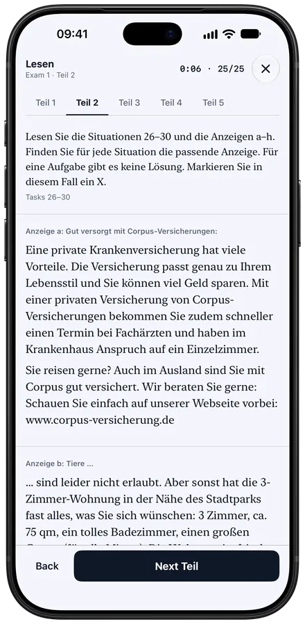 A DTZ Lesen paper on iPhone: adverts to match with situations.