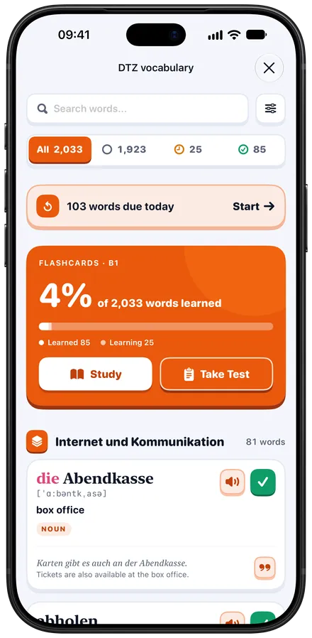 The DTZ word list on iPhone: 2,033 words, the words due today and a word card with its article.